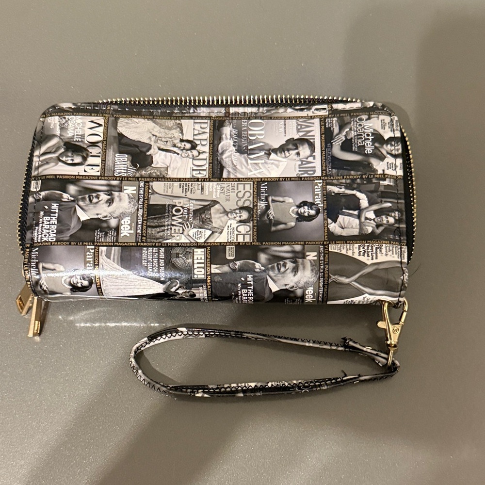 Stylish Black and White Magazine Print Wristlet